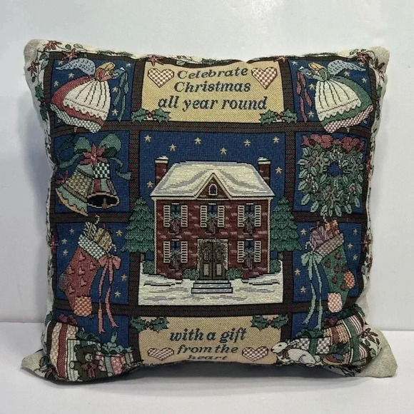 Vintage Christmas Tapestry Needlepoint Pillow 16” Square Celebrate Christmas - Picture 1 of 9